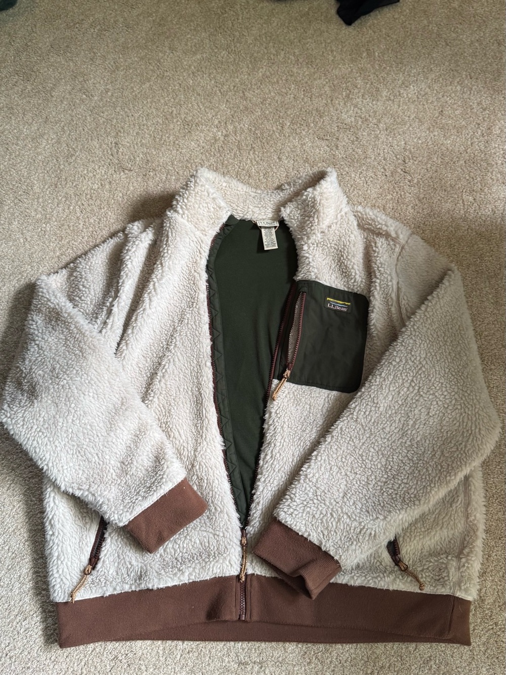 L.L. Bean Cream Sherpa Jacket with Olive Interior - Picture 1 of 2
